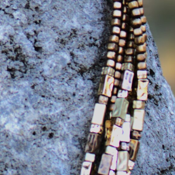 CHICO'S Multi-Strand Hammered Brass Bead Bib Necklace. - Picture 4 of 9